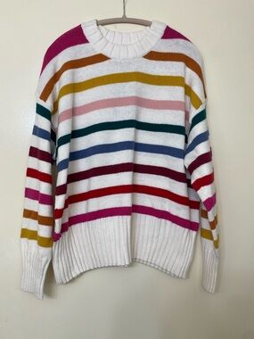 GAP White Multi-Color Striped Crewneck Sweater